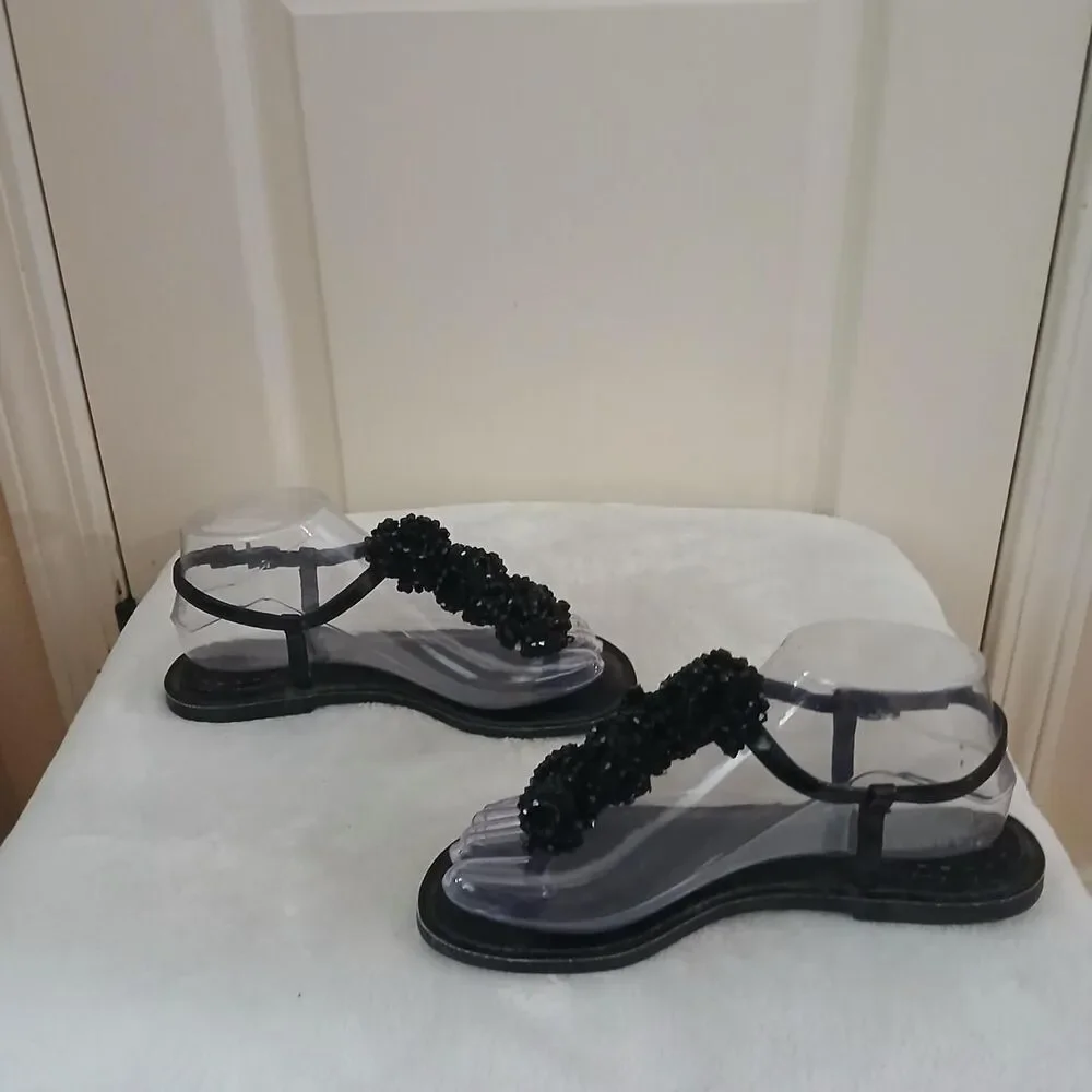 Y2K Vintage Mcbling Gianni Bini Black Beaded Cluster Flat Thong Sandals Festival
